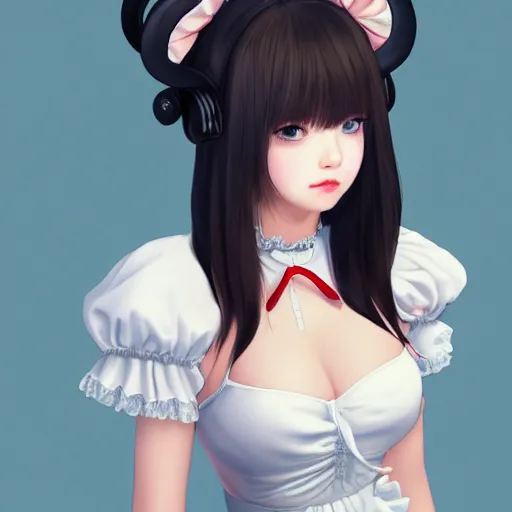 Image similar to realistic detailed semirealism beautiful gorgeous cute Blackpink Lalisa Manoban wearing white camisole maid outfit maid costume, white hair white cat ears blue eyes, headphones, black leather choker full HD 4K high resolution quality WLOP, Aztodio, Taejune Kim, Guweiz, Pixiv, Instagram, Artstation