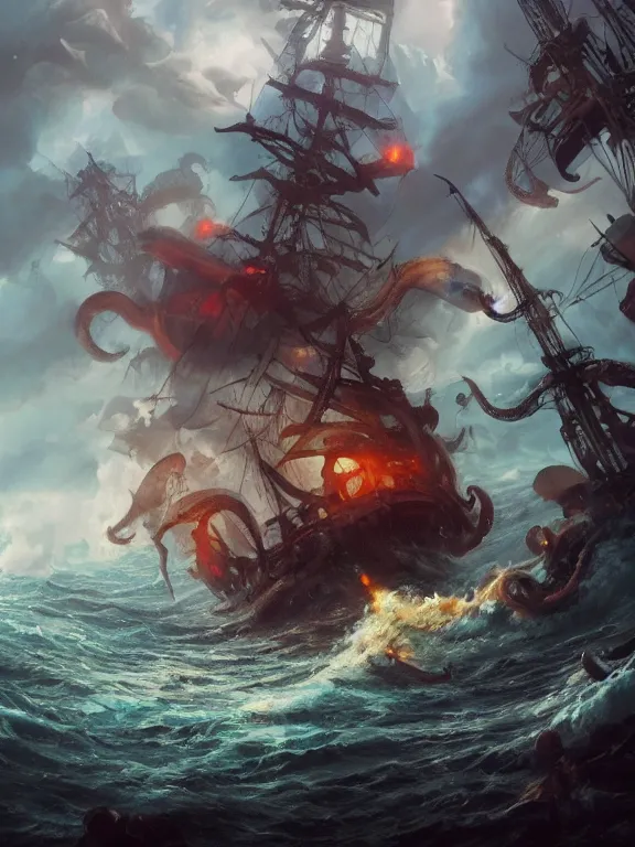 Image similar to photo of 8k ultra realistic kraken fighting pirate ship at sea, heavy storm, raging waves, full of colour, cinematic lighting, battered, trending on artstation, 4k, hyperrealistic, focused, extreme details,unreal engine 5, cinematic, masterpiece, art by Peter Mohrbacher