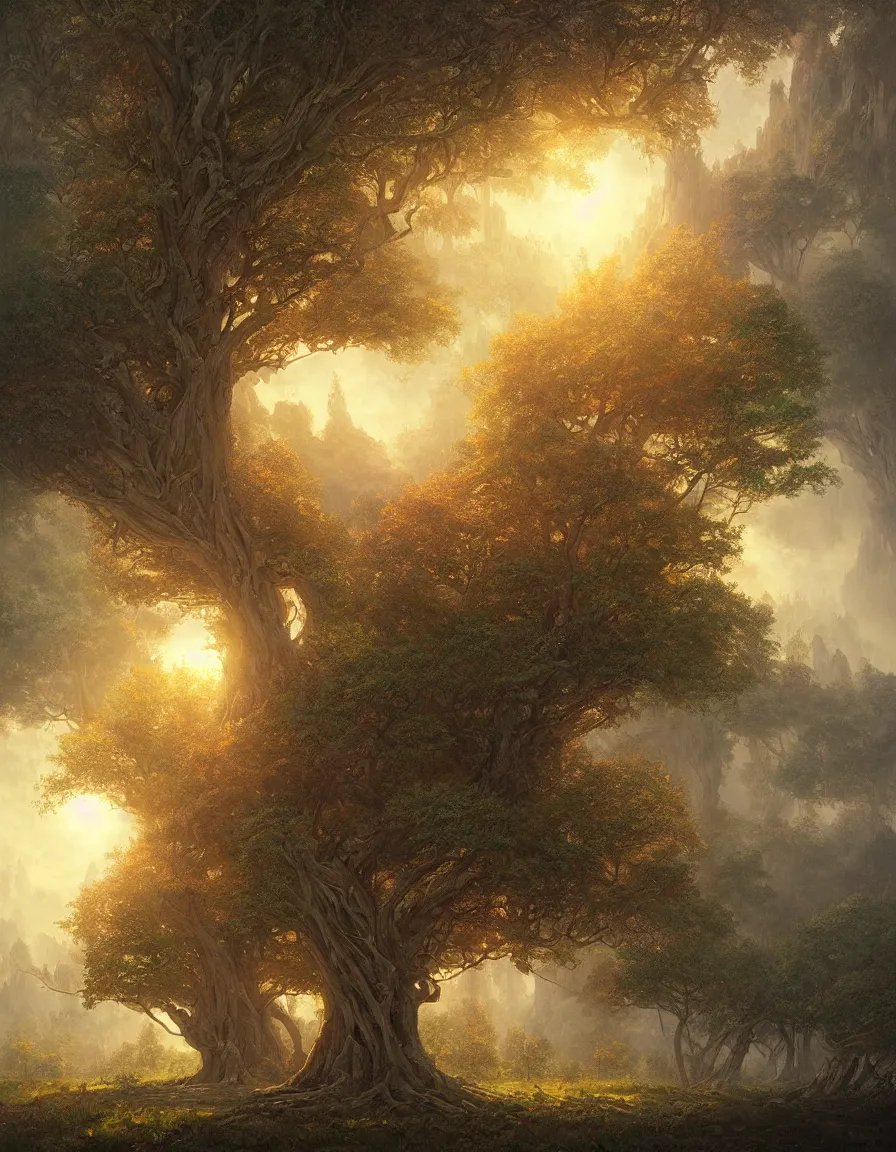 Image similar to hyper realistic detailed matte painting of tree of knowledge, hd, hdr, by moebius and john howe and albert bierstadt and alena aenami, ultra detailed, high resolution