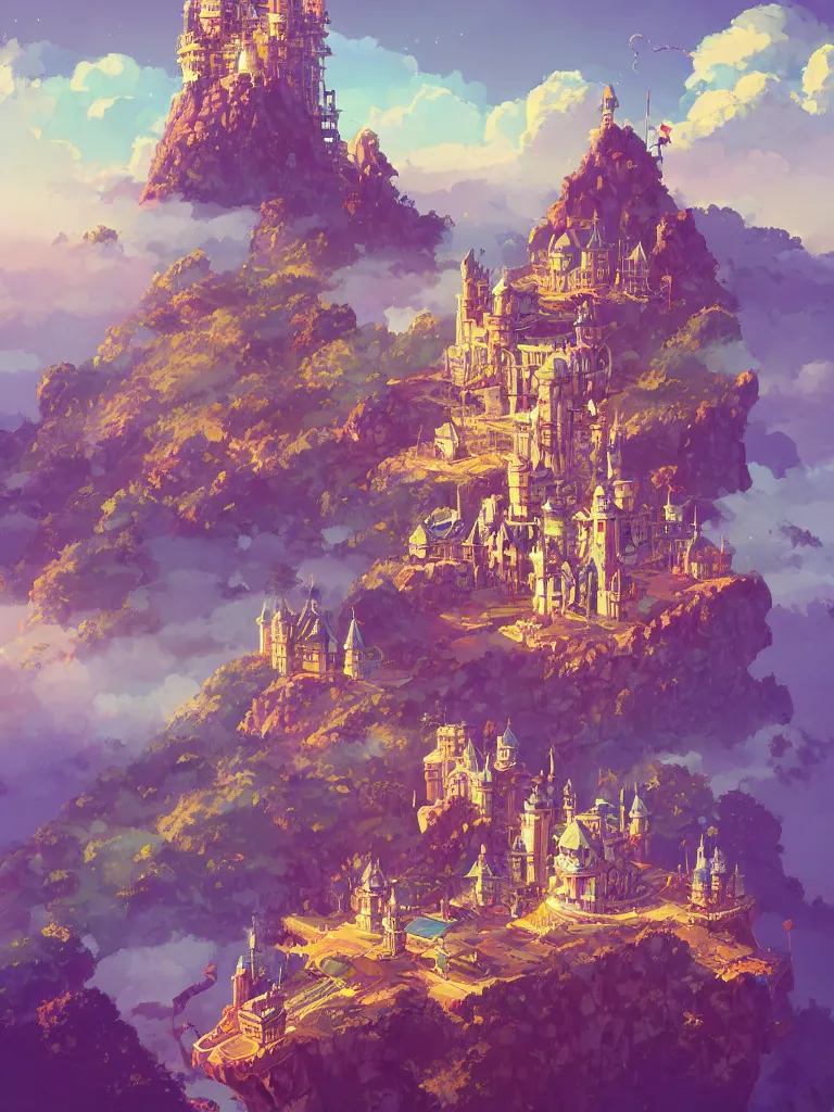 Prompt: retro - futurism steam punk castle on a mountain in clouds with lots of details look from above rule of thirds golden ratio, vibrant colors, fake detail, trending pixiv fanbox, acrylic palette knife, style of makoto shinkai studio ghibli genshin impact james gilleard greg rutkowski chiho aoshima