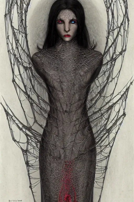 Image similar to full-body portrait of beautiful female grey elf (beautiful, dark grey skin, red eyes, white hair, symmetrical face) wearing a low-cut dress made of spider webs, dark fantasy, D&D, digital art, highly detailed, award winning, concept art, intricate, smooth, sharp focus, art by Greg Rutkowski, art by Ruth Asawa, art by Tim Burton, art by Ted Nasmith, art by H.R. Giger