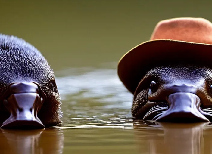 Image similar to a real platypus wearing a brown fedora, national geographic photo