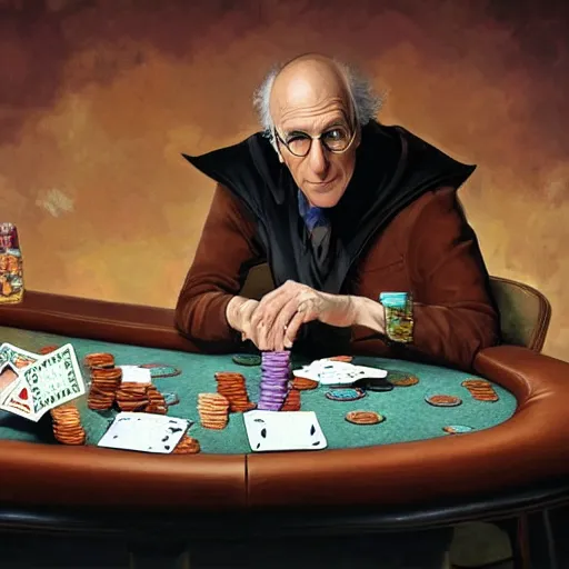 Image similar to larry david playing poker while wearing a batman costume and tripping on lsd, money, poker, cards, larry david, curb, elegant, intricate, digital painting, artstation, concept art, smooth, sharp focus, illustration, art by artgerm and greg rutkowski and alphonse mucha