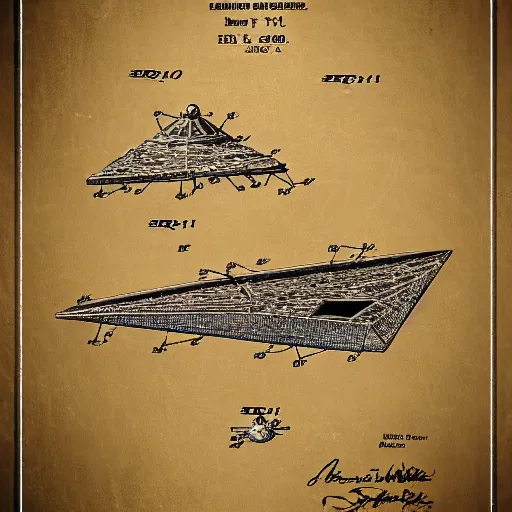 Image similar to patent for interstellar star destroyer, Sci fi, technological.