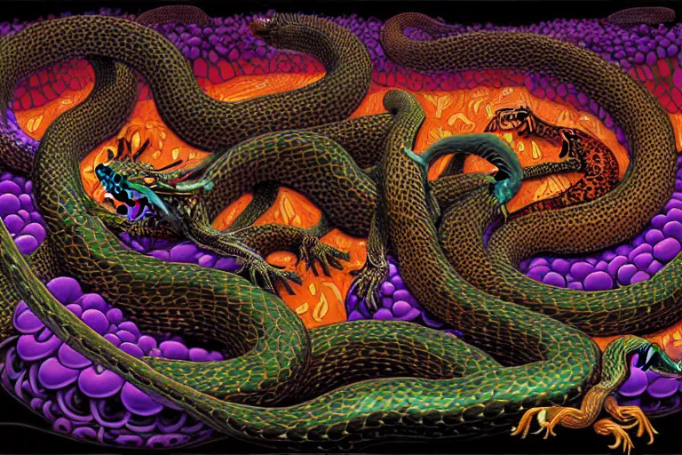 Image similar to a detailed digital art painting of a cyberpunk magick oni dragon with occult futuristic effigy of a beautiful field of mushrooms that is a adorable leopard atomic latent snakes in between ferret biomorphic molecular hallucinations in the style of escher, alex grey, stephen gammell inspired by realism, symbolism, magical realism and dark fantasy, crisp,