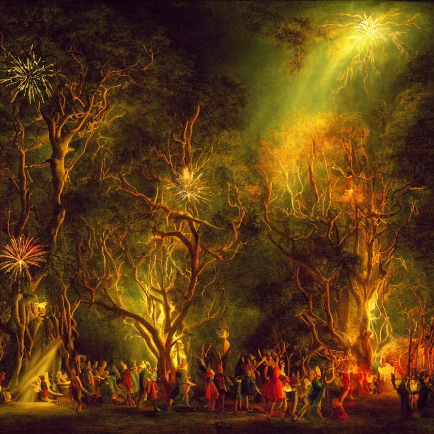 Image similar to closeup of a night carnival inside a tree cavity in a magical forest in the middle of a summer storm, with a music scenario with many fireworks and christmas lights, volumetric lightning, instense god rays in the sky, folklore people disguised with fantastic creatures in a magical forest by summer night, masterpiece painted by george stubbs, very coherent and colorful high contrast masterpiece,