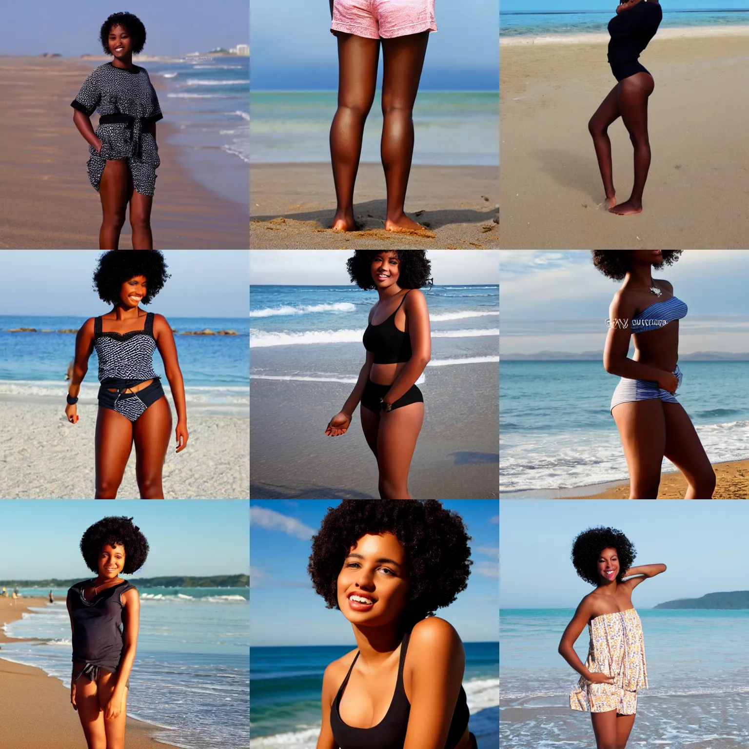 Prompt: beautiful black girl, short curly hair, on the beach, full body