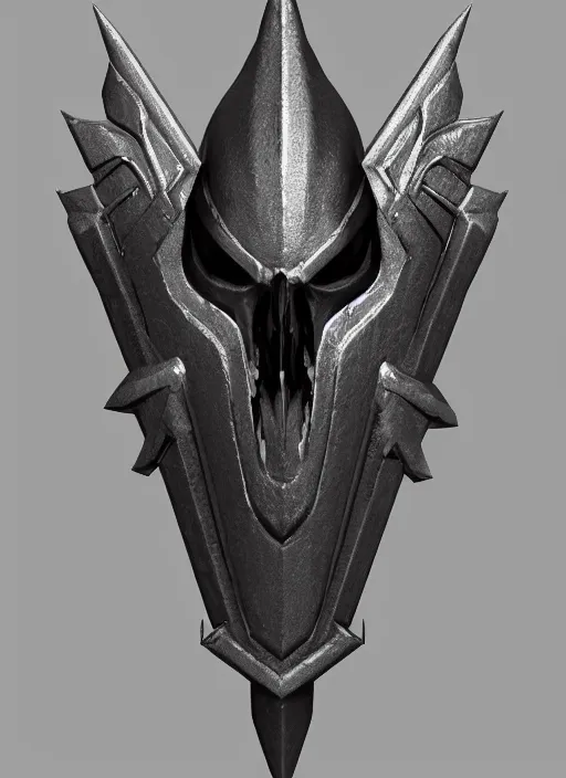 Image similar to a black great sword skull crest, orthographic, ornament, weapon, a 3 d render by dom qwek, front side full, trending on polycount, artstation, hard surface modeling, rendered in maya, zbrush, blender, hd, vray, berserk, symmetry