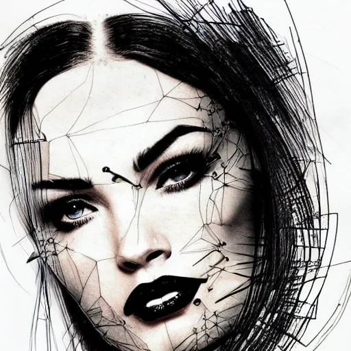 Prompt: double - exposure tattoo sketch of megan fox face beautiful mountains, mash up, blending, in the style of dan mountford