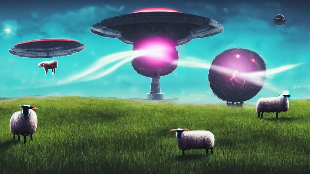 Image similar to sheep in a field being abducted by a ufo!, hyper energy, punk aesthetic, concept art, sharp focus, illustration,