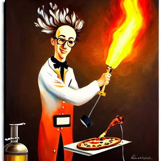 Prompt: mad scientist cooking pizza with a blowtorch, steampunk painting