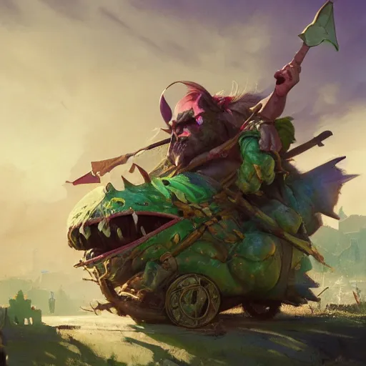 Image similar to chubby fantasy green goblin riding in a rickety wooden cart holding a lance, organic painting, sunny day, matte painting, bold shapes, hard edges, street art, trending on artstation, by huang guangjian, gil elvgren, ruan jia, greg rutkowski, gaston bussiere