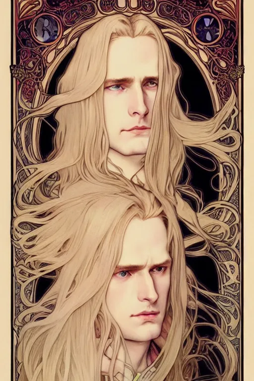 Prompt: beautifully staged poster realistic detailed face portrait of Alucard Johan Liebert long blond hair, pale porcelain white skin, very very long luxurious beautiful blond hair, by Alphonse Mucha, Ayami Kojima, Amano, Charlie Bowater, Karol Bak, Greg Hildebrandt, Jean Delville, and Mark Brooks, Art Nouveau, Neo-Gothic, gothic, rich deep moody colors