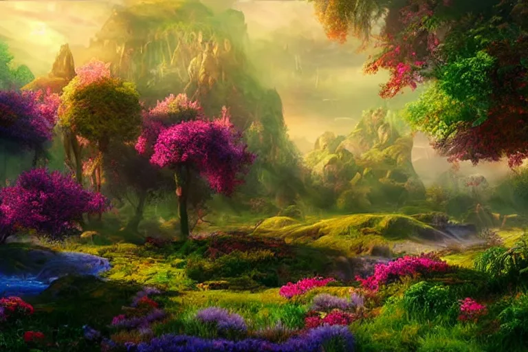 Prompt: Landscape of a beautiful enchanted fantasy world. Colorful. Cinematic lighting. Photorealism.