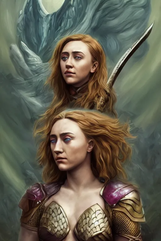 Prompt: A fantasy comic book style portrait painting of, hybrid of Saoirse Ronan, Scarlett Johansson, as an Atlantean, Reptilian Warrior, Mystical Valkyrie, Armor, Sword, Spear, Sheild, François Boucher, Oil Painting, unreal 5, DAZ, hype realistic, octane render, Regal, Refined, Coherent, Detailed Digital Art, RPG portrait, William-Adolphe Bouguereau, Michael Cheval, Walt Disney (1937), Steampunk, golden dappled lighting, dynamic lighting, Highly Detailed, Cinematic Lighting, Unreal Engine, 8k, HD