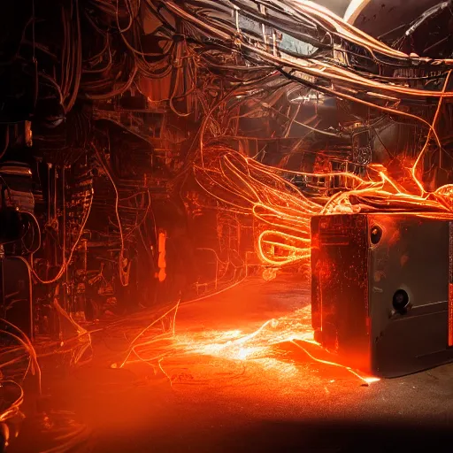 Image similar to overcharging blender, tangles of metallic cables, dark messy smoke - filled cluttered workshop, dark, dramatic lighting, orange tint, sparks, plasma charges, cinematic, highly detailed, sci - fi, futuristic, movie still