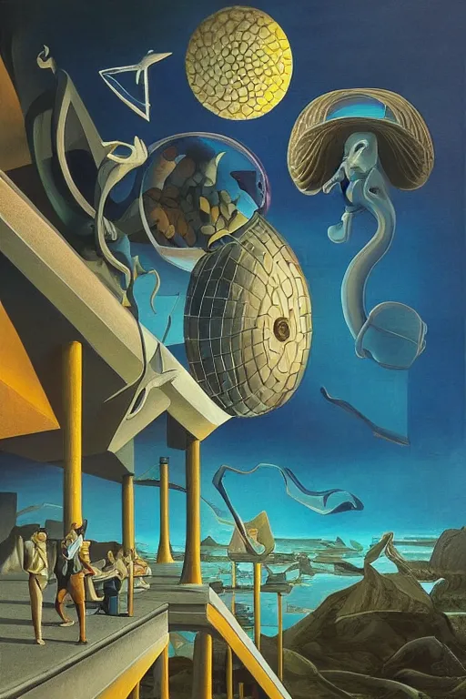 Image similar to surrealist painting full of subtle hints, mystic characters and misleading perspectives, ultrastation hq, 8 l, hyperrealistic, very highly detailed
