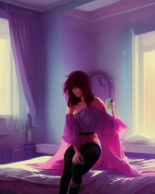 Prompt: emily rajtkowski, emo, posing, vaporwave colors, modern bedroom!!!!!, highly detailed, digital painting, artstation, concept art, smooth, sharp focus, illustration, art by artgerm and greg rutkowski and alphonse mucha