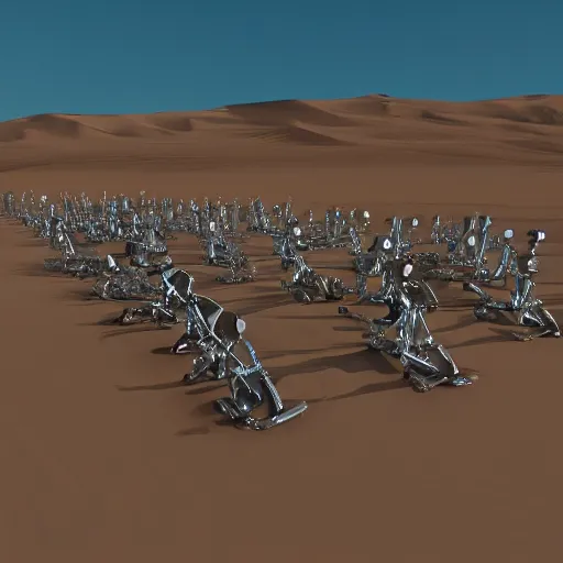 Image similar to army of army of metallic robots in desert, raytracing, 5 5 mm