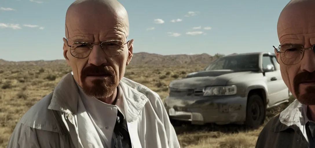 Image similar to cinematic still of scarlett johansson as walter white in breaking bad tv series