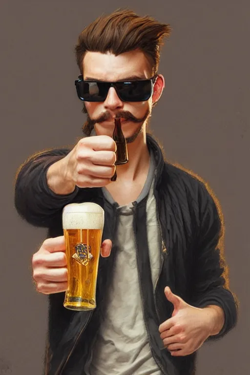 Image similar to a young man wearing raybands holding a beer giving a thumbs up with a long beard, real life skin, intricate, elegant, highly detailed, artstation, concept art, smooth, sharp focus, art by artgerm and greg rutkowski and alphonse mucha