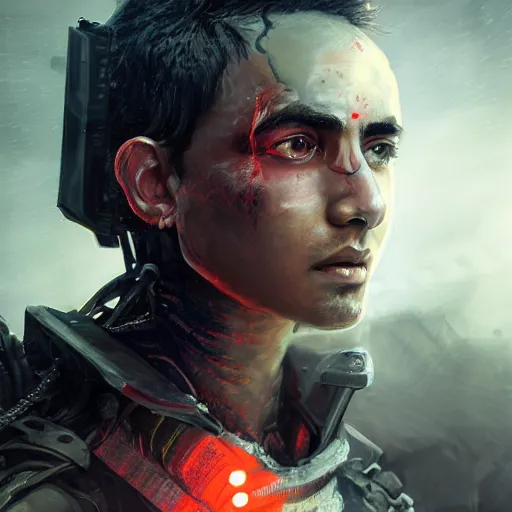 Prompt: dev patel portrait, dystopia core, apocalyptic, armor, warrior, dramatic, sharp focus, fiction, neon, fantasy, hyper detailed, digital art, trending in artstation, cinematic lighting, studio quality, smooth render, unreal engine 5 rendered, octane rendered, art style and nixeu and wlop and krenz cushart