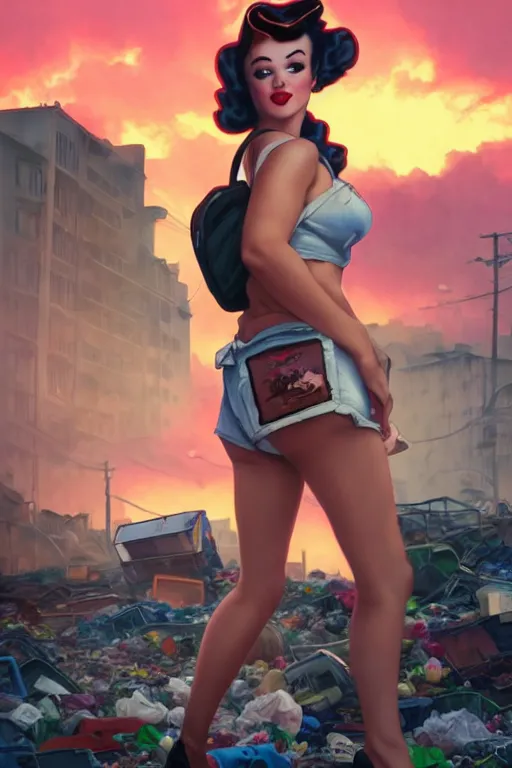 Image similar to pinup in mini short with backpack looking at food at garbage dump, destroyed cars, city is pure wasteland, moody sunset background, rays of sunlights, ( ( ( rainbow ) ) ), high details, sharp, photorealism, cinematic, greg rutkowski, alphonse mucha, trending on artstation, artgerm, unreal engine, highly detailed