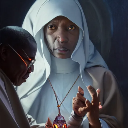 Prompt: highly detailed vfx portrait of dark - skinned nun casting spell on the pope, stephen bliss, greg rutkowski, loish, rhads, beeple, makoto shinkai, tom bagshaw, alphonse mucha, sharp focus, art by artgerm and greg rutkowski, stanley kubrick, backlit, harsh overhead sunlight,