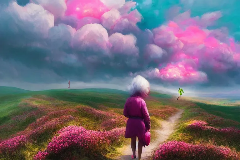 Image similar to giant dahlia flower blooming head, girl walking on mountain, surreal photography, pink storm clouds, dramatic light, impressionist painting, digital painting, artstation, simon stalenhag