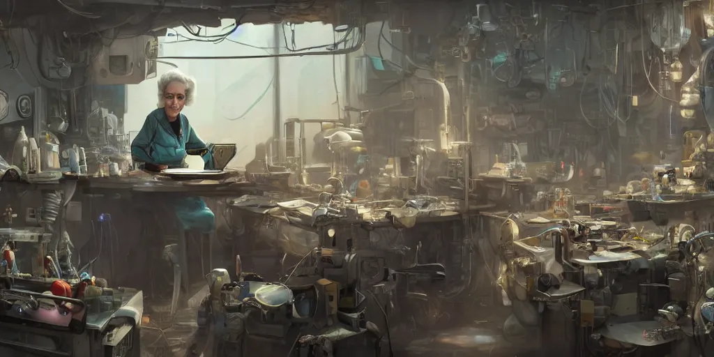 Image similar to an environmental concept art of an elderly woman cyberneticist in a cluttered workshop, surgical implements, surgery table, robotic arm, highly detailed, cinematic, dramatic, cyberpunk, dieselpunk, scifi space station, horror, bladerunner 2 0 4 9