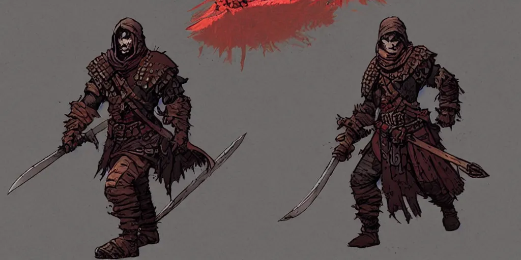 Image similar to warrior character design, idle, colored, sword, sprite, darkest dungeon, pc game, sideview, art by moebius and greg rutkowski.