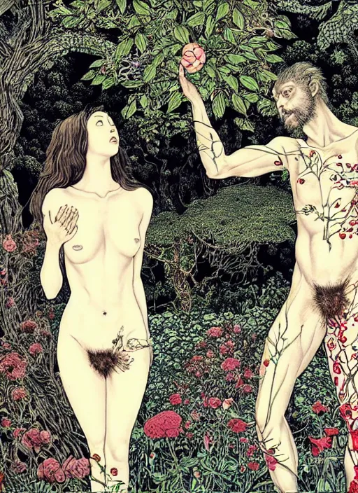 Image similar to 4k photo of an adam and eve in eden garden, by Vania Zouravliov and Takato Yamamoto, high resolution. still from 2021 a movie by Gaspar Noe