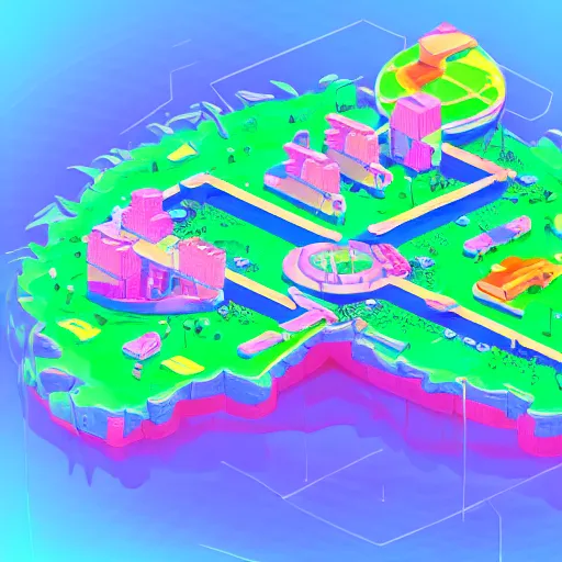 Image similar to circular isometric island on neon background, isometric invironment, 3d art, isometric art, amazing detail, artstation, concept art, behance, ray tracing