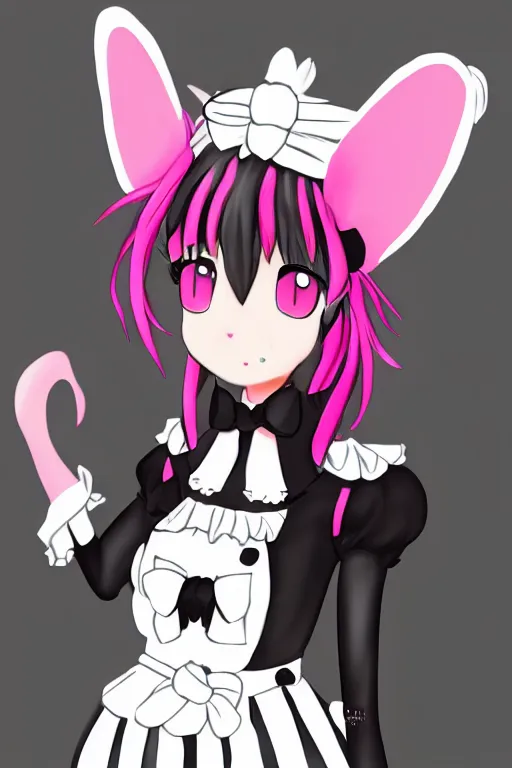 Image similar to Anime anthro cat with black fur, pink hair, and pink eyes in Gothic Lolita maid costume wearing small top hat in the style of Artstation