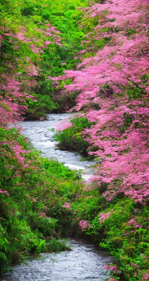 Prompt: a beautiful river in a pink jungle