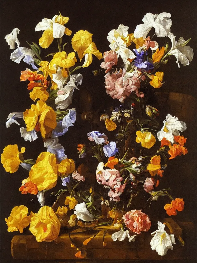 Prompt: painting, Dutch style, old masters, Jan Davidszoon de Heem, still life with flowers, iris, marigold, rose, lilies,