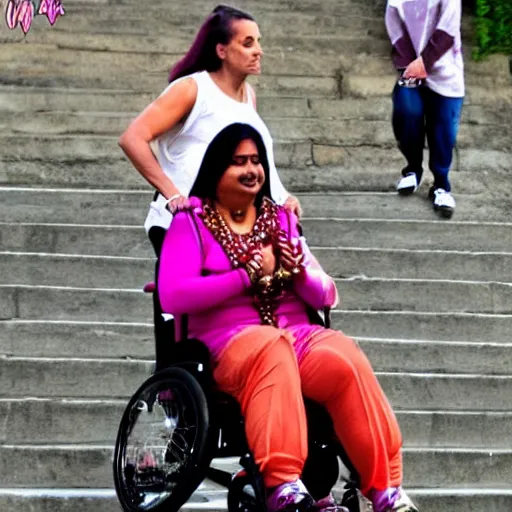 Image similar to jodie marsh pushing an obese indian woman in a wheelchair on steps in Porto, detailed photo