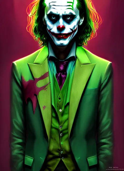 Image similar to portrait of jared leto as the joker, green hair, intricate, elegant, glowing lights, highly detailed, digital painting, artstation, concept art, sharp focus, illustration, art by wlop, mars ravelo and greg rutkowski