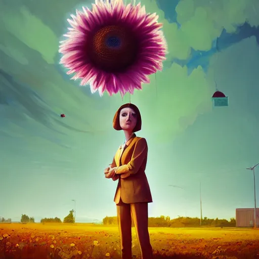 Image similar to giant daisy flower under head, standing frontal, a girl in a suit, surreal photography, sunrise, dramatic light, impressionist painting, digital painting, artstation, simon stalenhag