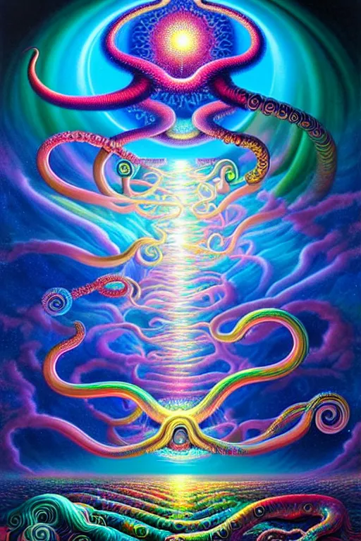 Prompt: a photorealistic detailed image of a beautiful vibrant iridescent clouds wrapped in tentacles, spiritual science, divinity, utopian, by david a. hardy, hana yata, kinkade, lisa frank,