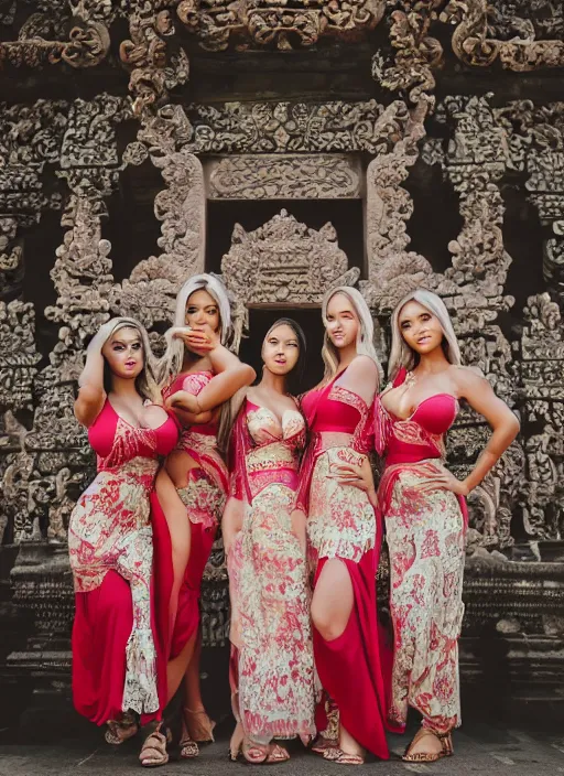 Image similar to portrait of lindsey pelas and her friends wearing kebaya in bali temple, by charlotte grimm, natural light, detailed face, beautiful features, symmetrical, canon eos c 3 0 0, ƒ 1. 8, 3 5 mm, 8 k, medium - format print, half body shot