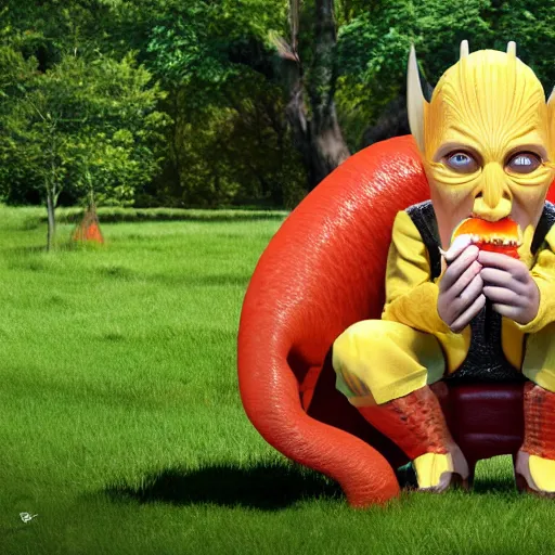 Prompt: ! sauron, photorealistic 3 d render, octane, eating a hot dog, in the park