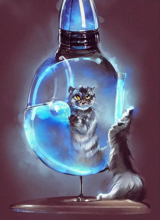 Prompt: an aristocratic cat dressed as a scientist crafting a modern transparent little bottle filled with magic blue iridescent liquid, art highly detailed, by frank frazetta, keith parkinson and greg rutkowski and aleksandra skiba, concept art,