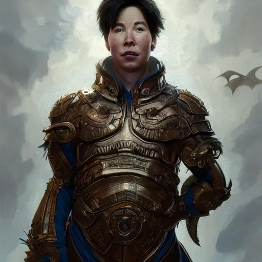 Prompt: a portrait of michael mcintyre, there is a dragon in the background, anatomy, bathed in light, highly detailed, photorealistic, artstation, smooth, sharp focus, illustration, unreal engine 5, 8 k, art by artgerm and greg rutkowski and edgar maxence