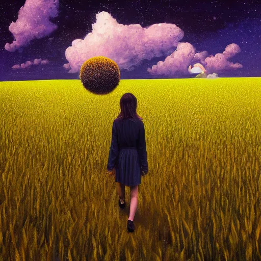 Image similar to giant daisy flowers as a head, girl walking in wheat field, hills, surreal photography, dark night, star trails, impressionist painting, dramatic clouds, digital painting, artstation, simon stalenhag