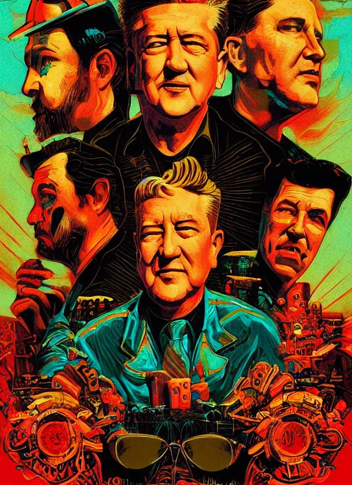 Image similar to a movie poster with david lynch, kilian eng, dan mumford, drew struzan, detailed