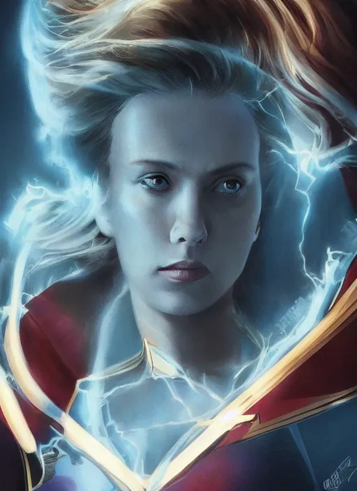 Image similar to Scarlett Johansson as Captain Marvel, fantasy, intricate, elegant, highly detailed, digital painting, artstation, concept art, smooth, sharp focus, illustration, art by artgerm and greg rutkowski and alphonse mucha