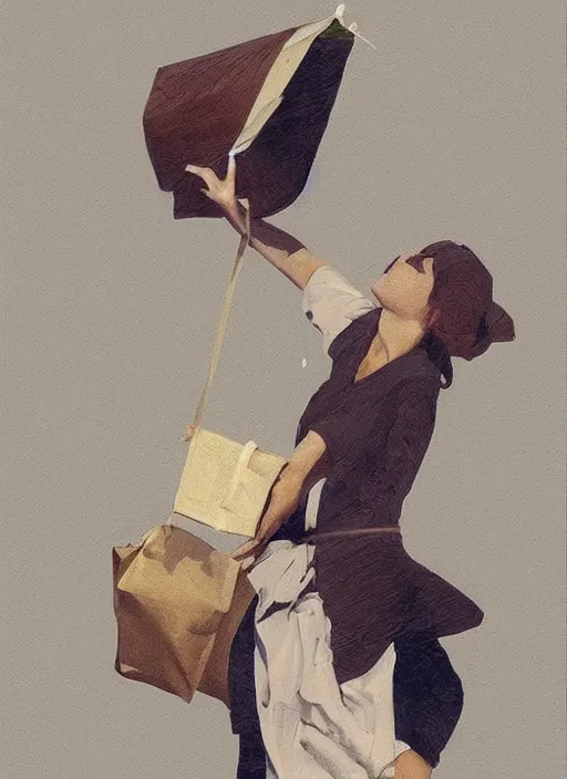 Image similar to woman flying with a paper bag over the head and a sward, Ben Ridgway, highly detailed