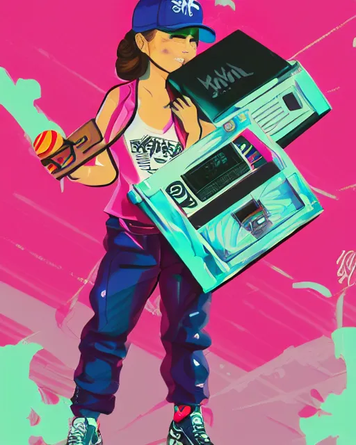 Image similar to a skater girl wearing a baseball cap holding a boombox in her right hand. paint splashes, outrun, vaporware, shaded flat illustration, digital art, trending on artstation, highly detailed, fine detail, intricate