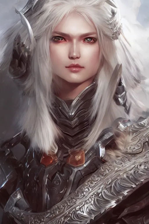 Prompt: A realistic anime portrait of a white haired female barbarian wearing an intricate armor, digital painting, by Stanley Artgerm Lau, Sakimichan, WLOP and Rossdraws, digtial painting, trending on ArtStation, SFW version